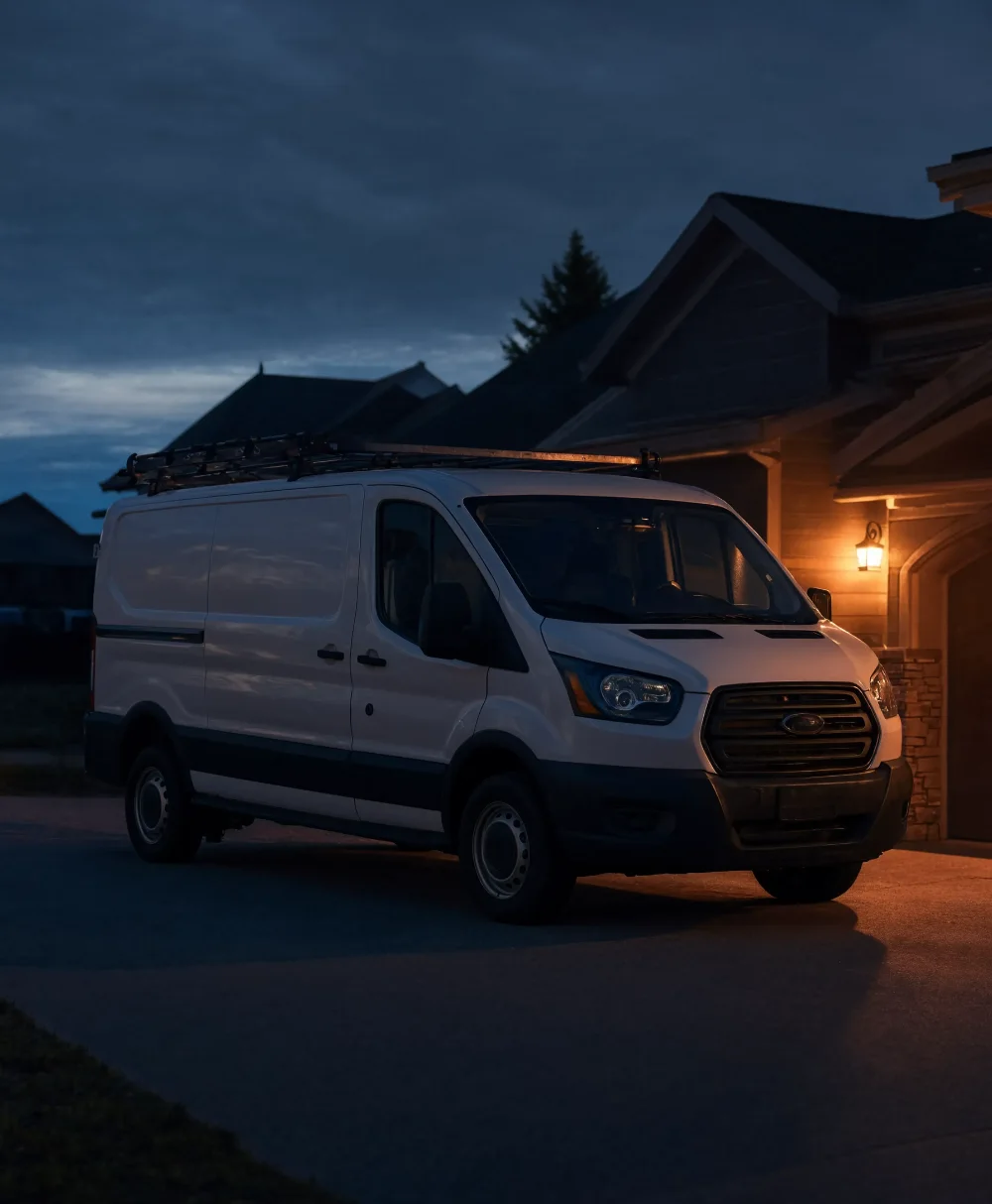 Work van parked in a driveway at dusk, warm porch light glowing