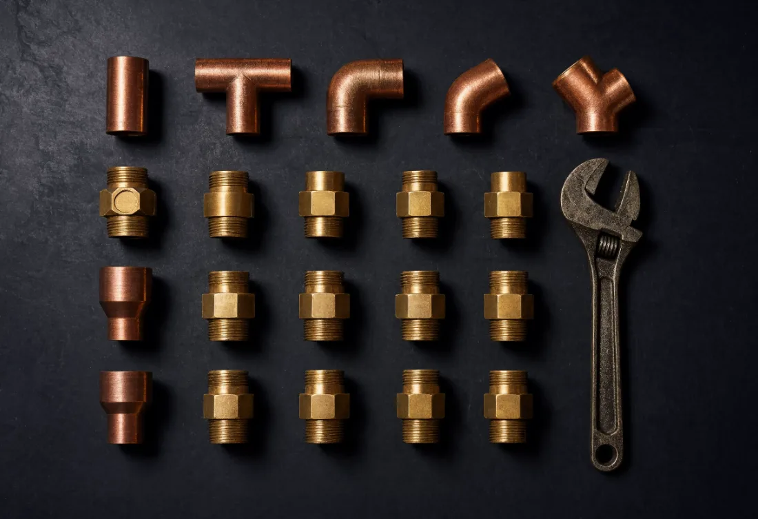 Copper pipe fittings arranged on dark slate